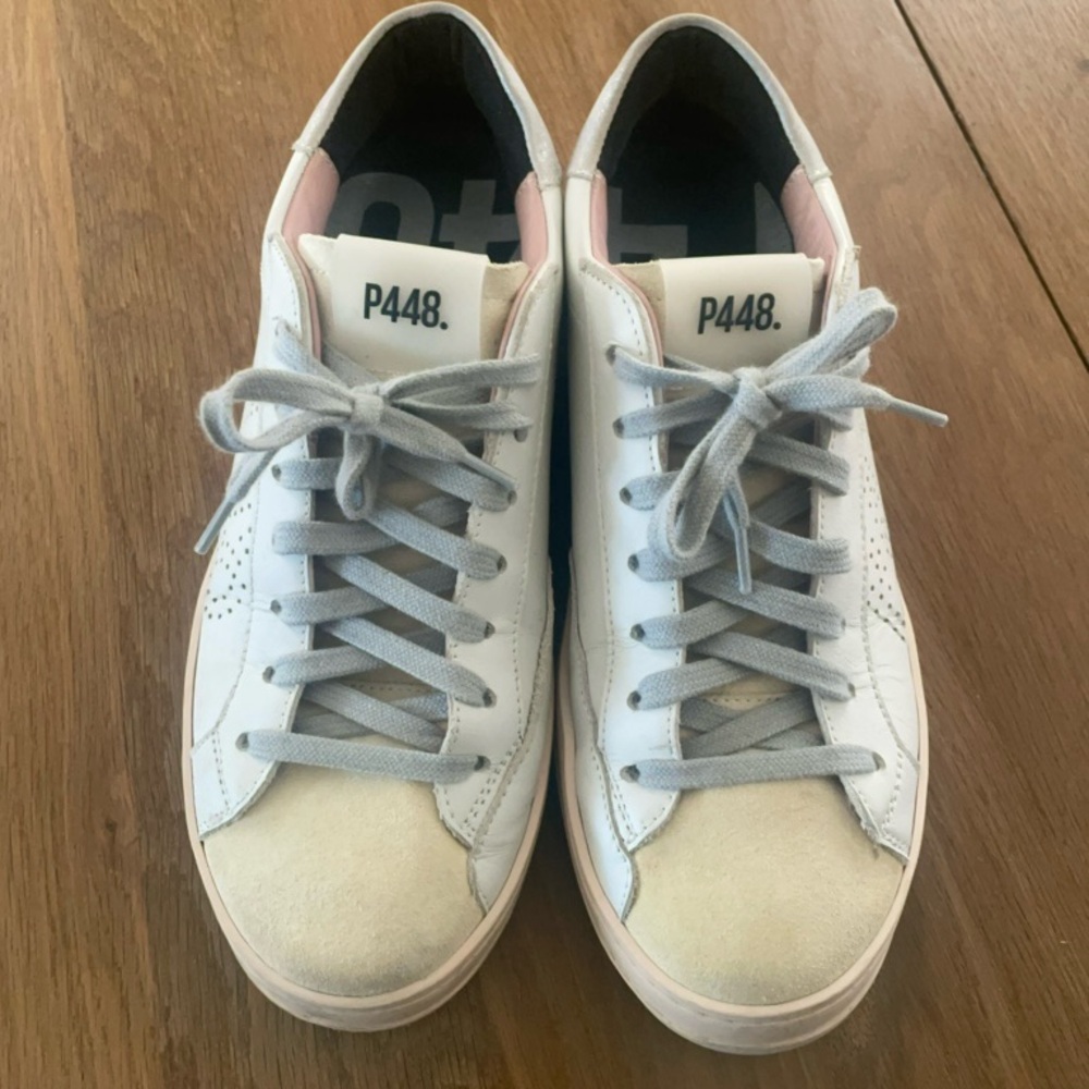 P448 Women’s Size 39 Leather Suede Low Top Sneakers White Butter Yellow w blush